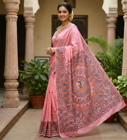 Blush Pink Madhubani Art Saree with Intricate Pallu