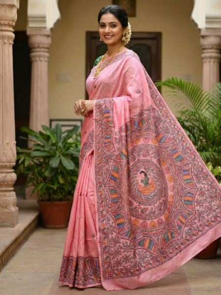 Blush Pink Madhubani Art Saree with Intricate Pallu