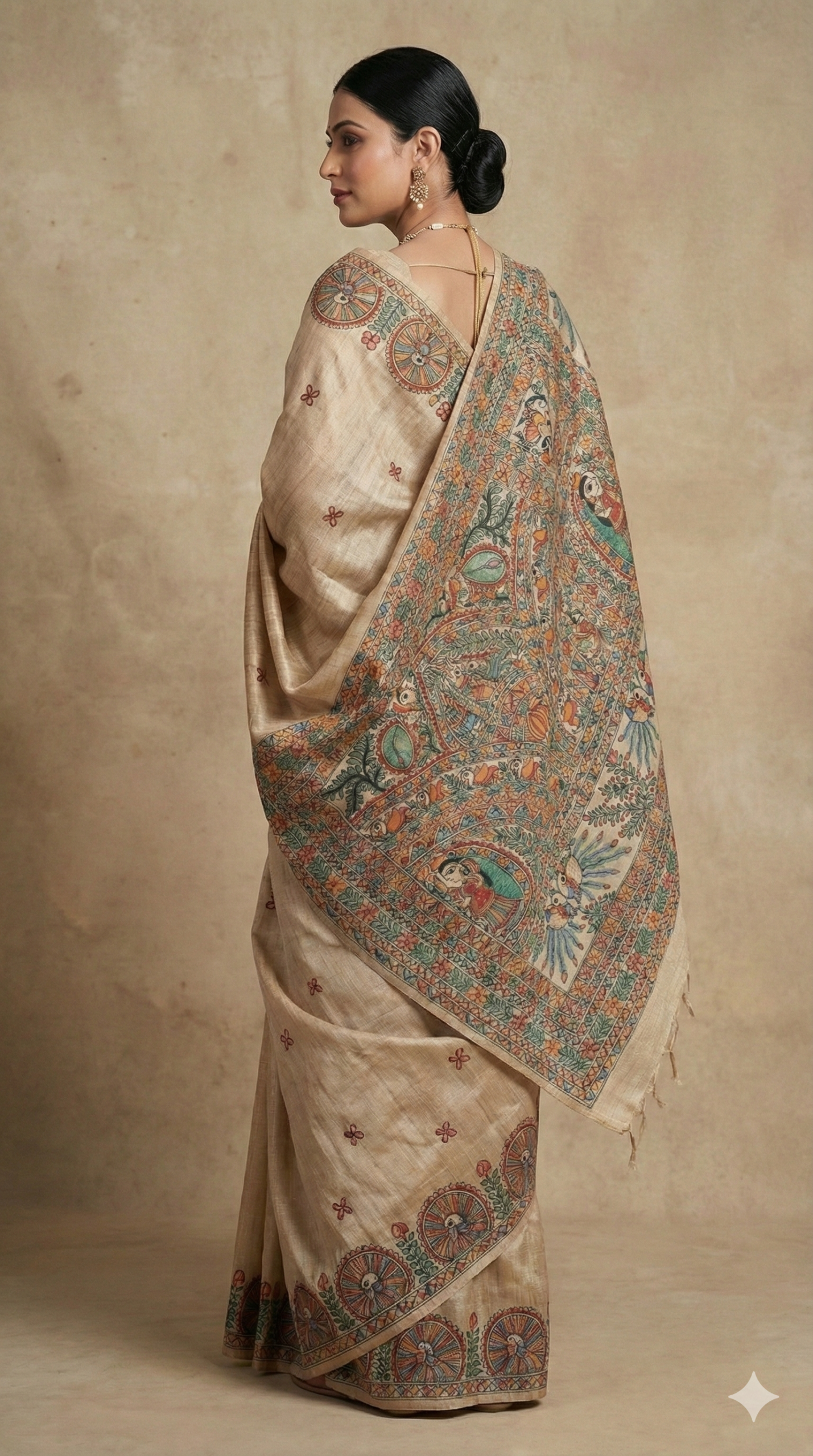 Hand-Painted Madhubani Tussar Silk Saree – A Canvas of Tradition