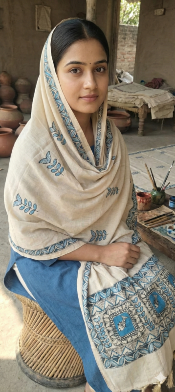 Beige & Blue Madhubani Art Dupatta