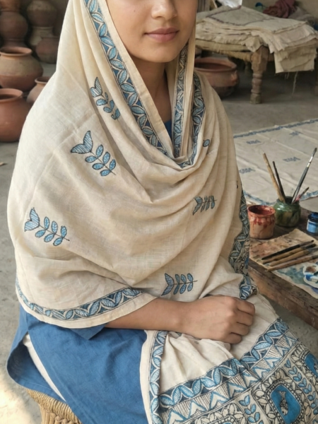 Beige & Blue Madhubani Art Dupatta