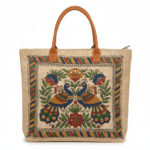 Handcrafted Madhubani Peacock Jute Tote Bag