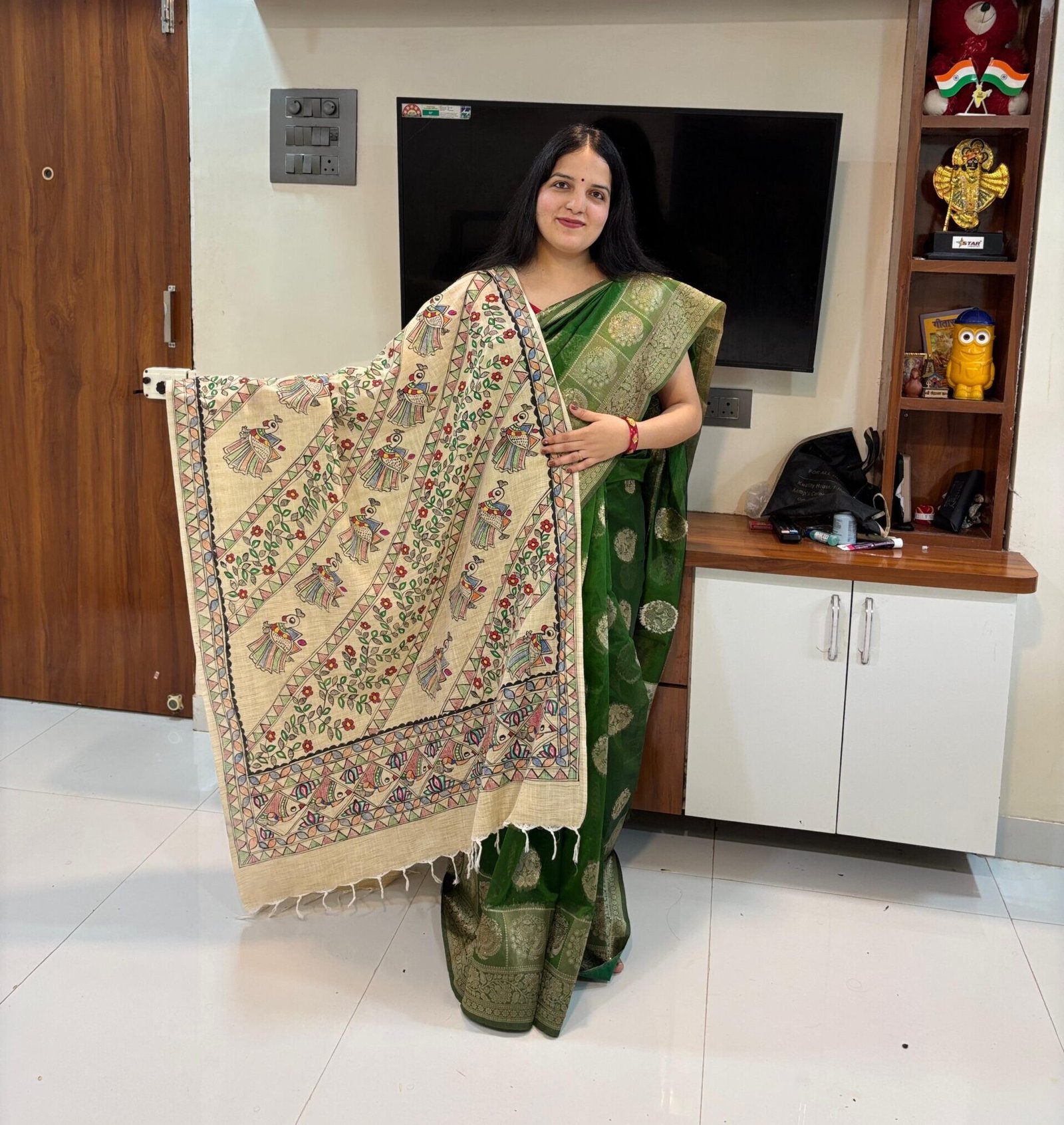 Madhubani Painting Dupatta Premium Hand-Painted Madhubani Dupatta – Khadi & Silk Fabric - Image 1