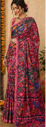 Hand Painted Madhubani Art Banarasi Silk Saree for Women - Image 2