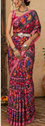 Hand Painted Madhubani Art Banarasi Silk Saree for Women - Image 3