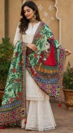 Madhubani Hand-Painted Flower Design Dupatta