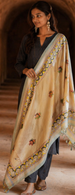 Traditional Hand Painted Silk-Dupatta With Madhubani Art - Image 2