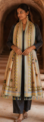 Traditional Hand Painted Silk-Dupatta With Madhubani Art - Image 3