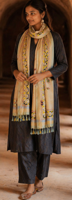 Traditional Hand Painted Silk-Dupatta With Madhubani Art - Image 5